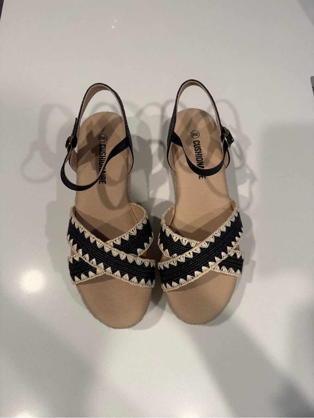 Cushionaire Black & Beige Woven Wedge Sandals